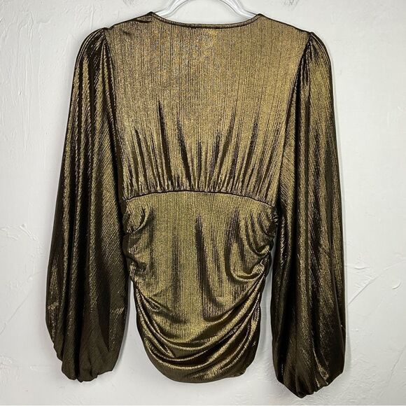 Express Gold Ribbed Metallic Ruched Front Balloon Long Sleeves Small NWOT - Picture 3 of 5